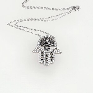 925 Sterling Silver Hamsa Pendant Necklace, Black & White Crystals, Hand Of God
