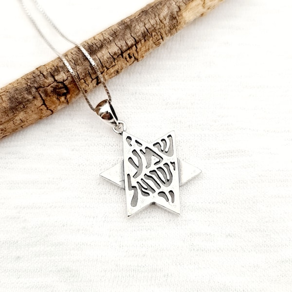 Shema Israel Pendant Necklace 925 Sterling Silver, Jewish Kabbalah Judaica Jewelry, Hebrew Star of David Necklace