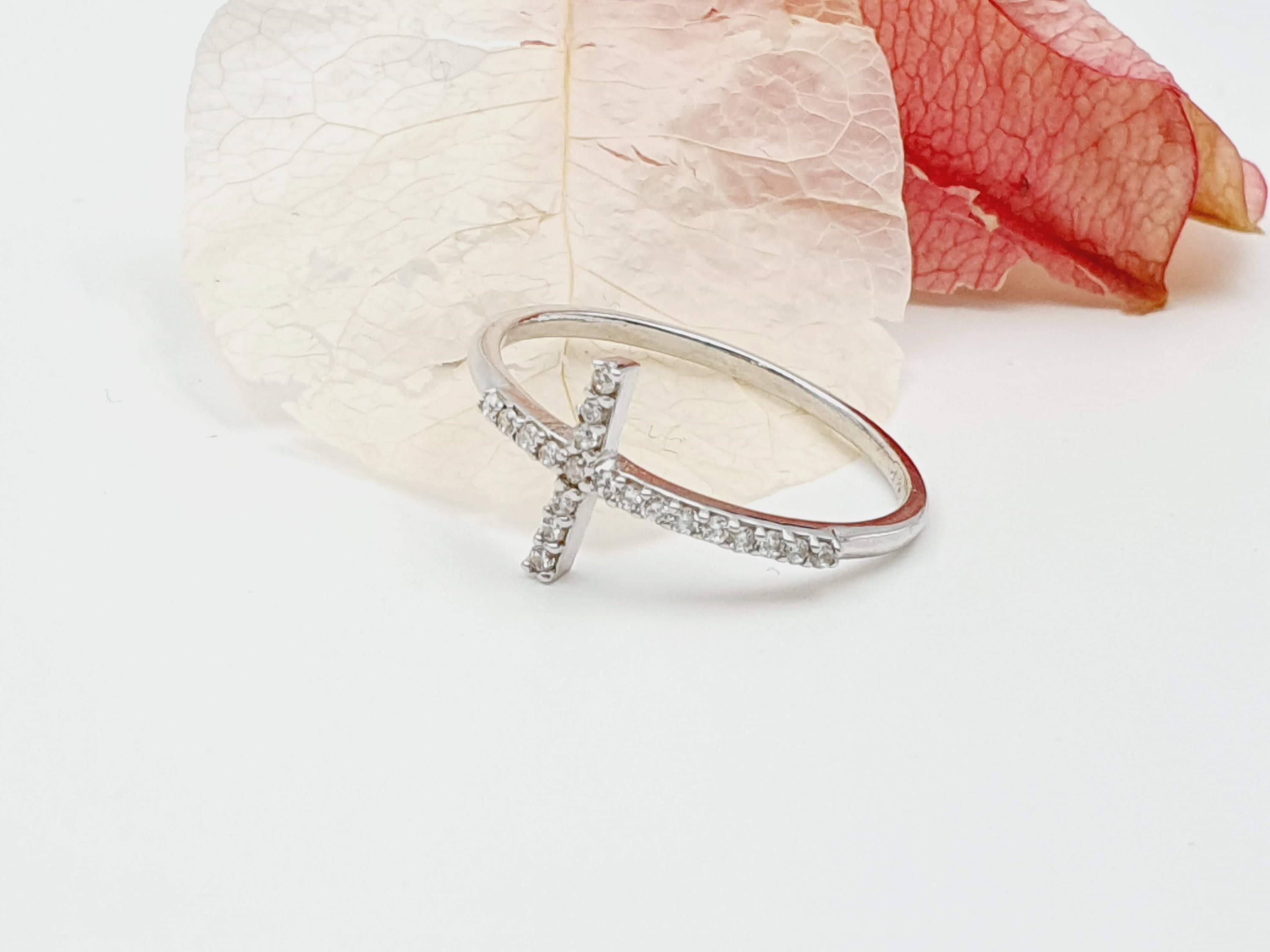 Sterling Silver Sideways Cross Ring With CZ Crystals - Etsy