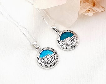 Shema Israel Necklace, Jerusalem Pendant Necklace 925 Sterling Silver, Blue Opal Green Eilat Stone Jewelry