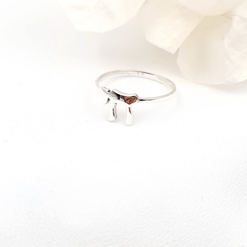 May include: A silver ring with a Hebrew letter 'Chai' design. The ring is simple and elegant.