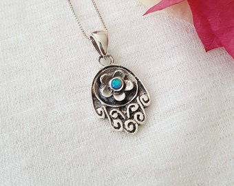 Blue Opal Hamsa Pendant Necklace 925 Sterling Silver, Hand of Fatima Pendant, Opal Jewelry