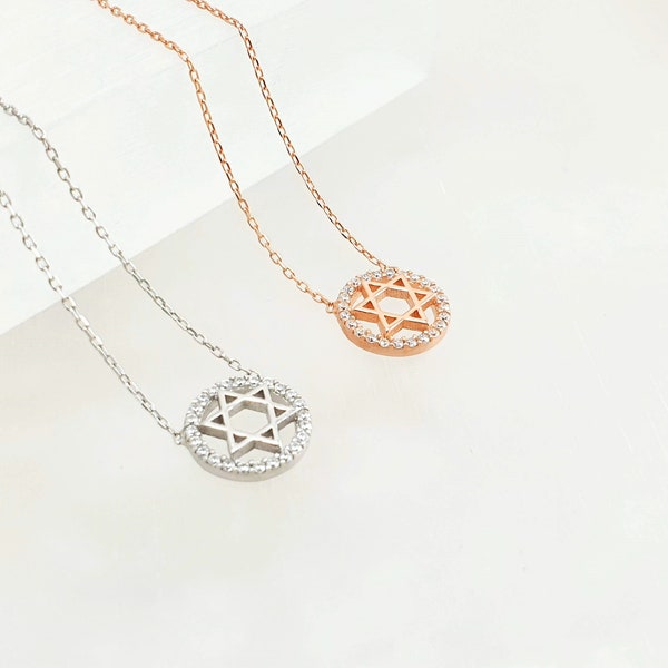 Star of David  Necklace 925 Sterling Silver Rose Gold Plated Cz Crystal, Jewish Jewelry Gift