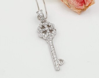 Sterling Silver Key Necklace: CZ Crystal Charm Pendant
