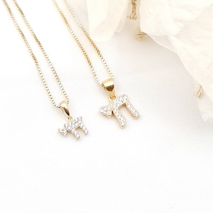 Gold Plated Chai Pendant Necklace, Cz Crystals Chai Pendant, 925 Sterling Silver Mini Chai Life Symbol, Hebrew Jewish Jewelry
