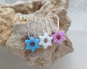 Opal David Star Necklace: Sterling Silver Jewish Jewelry, Blue White & Pink Opal