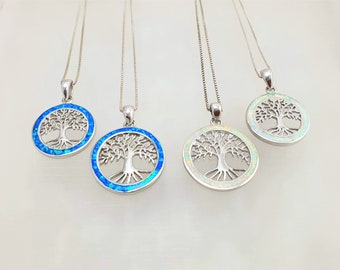 925 Sterling Silver Blue White Opal Tree of Life  Pendant Necklace, Opal Jewelry