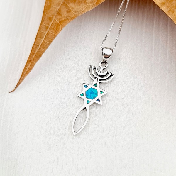 Blue Opal Messianic Jerusalem Seal Pendant Necklace, 925 Sterling Silver David Star Menorah Fish Pendant, Jewish Christian Jewelry Gift