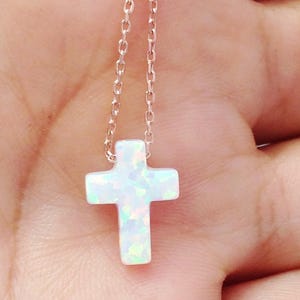 Opal Cross Necklace, White Opal Cross Pendant Necklace, Cross Sterling Silver Necklace Yellow Gold Plated Rose Gold Plated , Opal Jewelry image 8