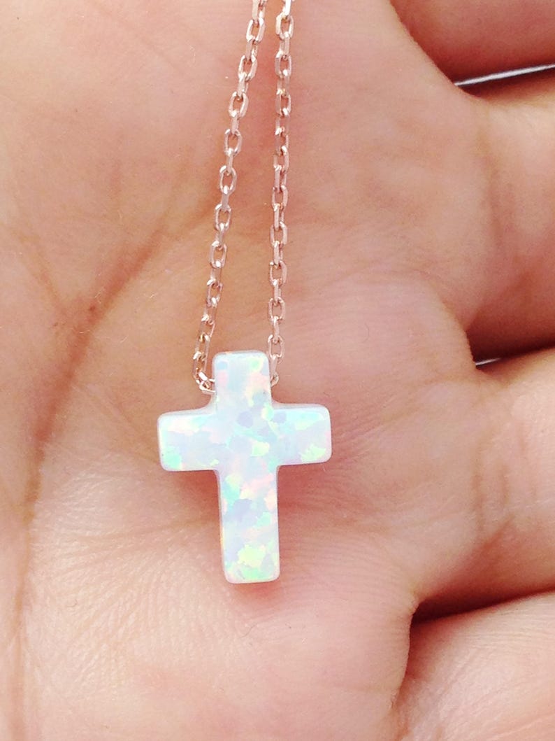 Opal Cross Necklace, White Opal Cross Pendant Necklace, Cross Sterling Silver Necklace Yellow Gold Plated Rose Gold Plated , Opal Jewelry image 8