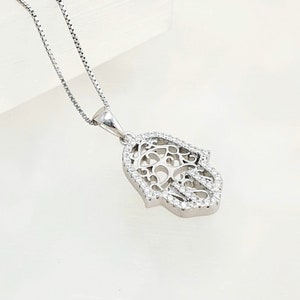 925 Sterling Silver Hamsa Pendant Necklace Cz Crystals Rhodium Plated, Fatima Hand