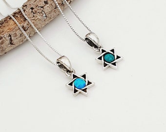 May include: Two silver necklaces with a Star of David pendant featuring a blue opal gemstone. The necklaces are displayed on a piece of driftwood.