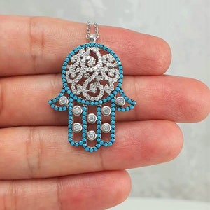 Hamsa Pendant Necklace 925 Sterling Silver White  & Turquoise Cz Crystals,  Fatima Hand Necklace