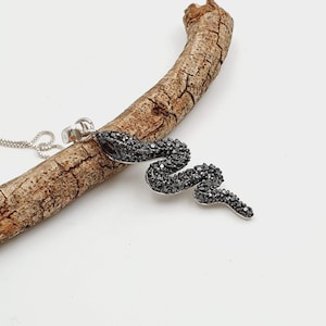 925 Sterling Silver Snake Pendant Necklace, Snake Charm Necklace Chain, Black Cz crystals Snake Pendant