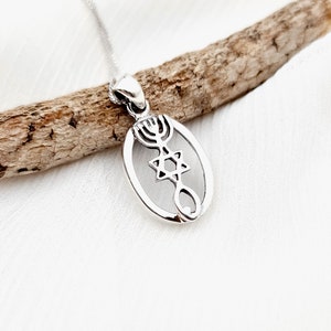 Messianic Jerusalem Seal Pendant Necklace, 925 Sterling Silver David Star Menorah Fish Pendant, Jewish Christian Jewelry Gift