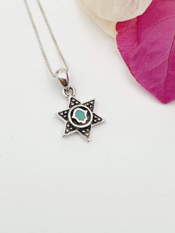 Blue Opal David Star Hamsa Pendant Necklace 925 Sterling Silver