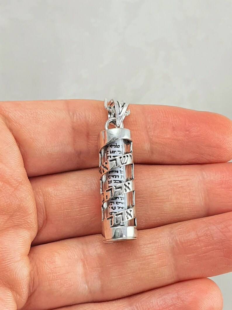 925 Sterling Silver Mezuzah Pendant Necklace with Scroll, Shema Israel image 2
