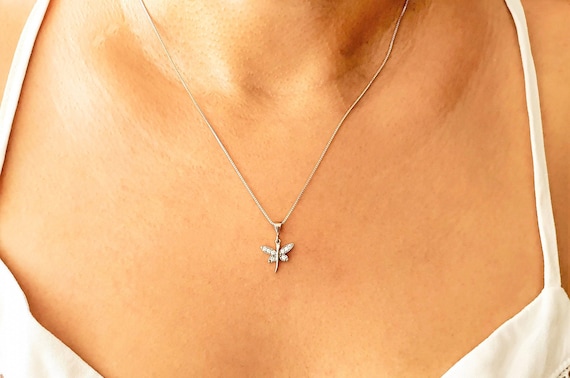 Small Dragonfly Necklace with Crystals Sterling Silver Small Dragonfly Necklace with Crystals Sterling Silver