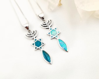 Blue Opal Green Eilat Stone Messianic Pendant Necklace 925 Sterling Silver, David Star Menorah Fish Pendant, Jewish Christian Jewelry Gift