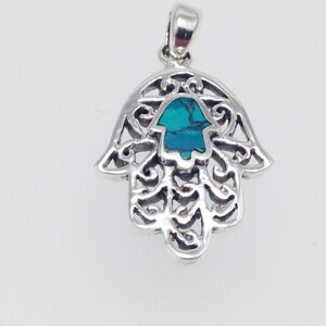 Silver Hamsa Pendant, Eilat Stone Hamsa Pendant, Green Crysocolla Eilat Stone Hamsa Pendant Necklace
