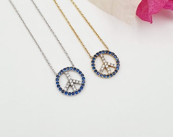Sterling Silver Peace Sign Necklace: Gold Plated, CZ Crystals