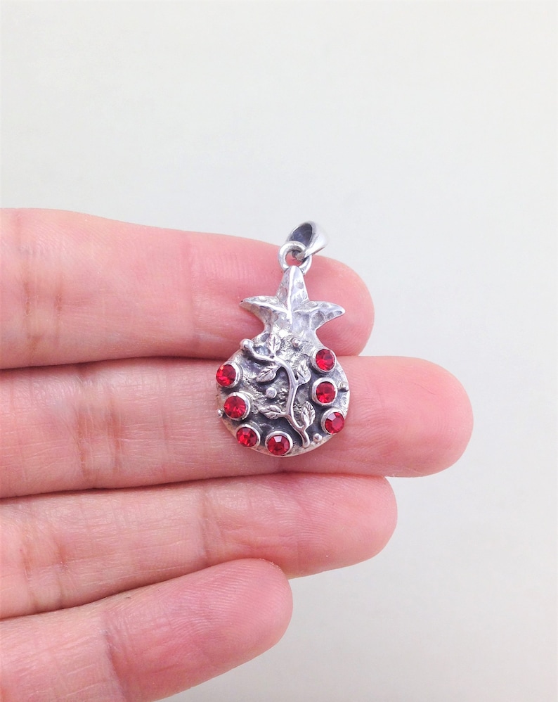Judaica Jewelry Sterling Silver Pomegranate Pendant Pomegranate Pendant Necklace Red Crystals Gift for Her Pomegranate Jewelry