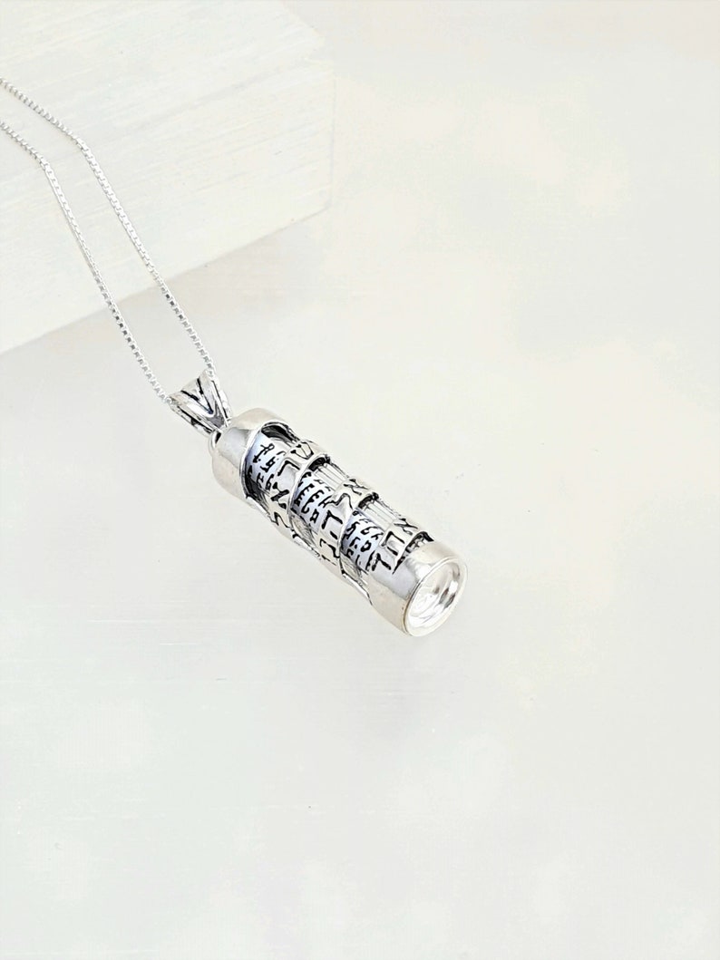 925 Sterling Silver Mezuzah Pendant Necklace with Scroll, Shema Israel image 1