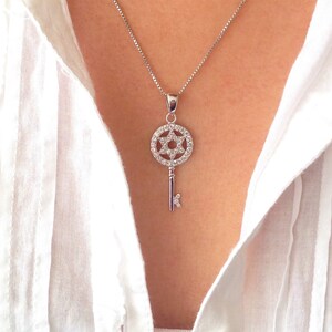 David Star Pendant Necklace, Silver Key Necklace, 925 Sterling Silver Key Cz Crystals, Gift for Her, Key Pendant