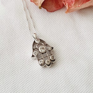 925 Sterling Silver Hamsa Pendant Necklace Cz Crystals, Fatima Hand Necklace