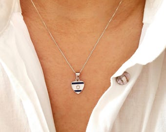 Star of David Israel Flag Heart Pendant: 925 Sterling Silver Hebrew Necklace, Jewish Jewelry