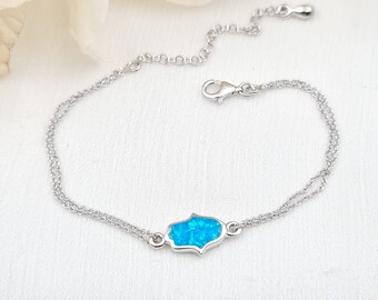Blue Opal Hamsa Bracelet: Sterling Silver Adjustable Charm Bracelet