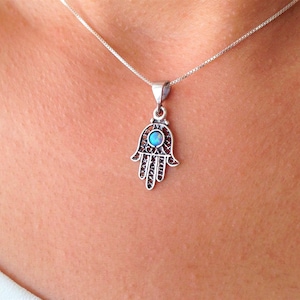 Hamsa Pendant Necklace, Blue Opal  Turquoise Hamsa Filigree Pendant Necklace, Opal Turquoise Jewelry,  Fatima Hand Necklace, Gift for Her