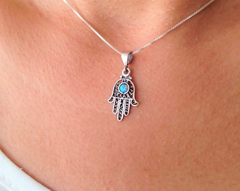 Hamsa Anhänger Halskette, Blauer Opal Türkis Hamsa filigrane Anhänger Halskette, Opal Türkis Schmuck, Fatima Hand Halskette, Geschenk für Sie