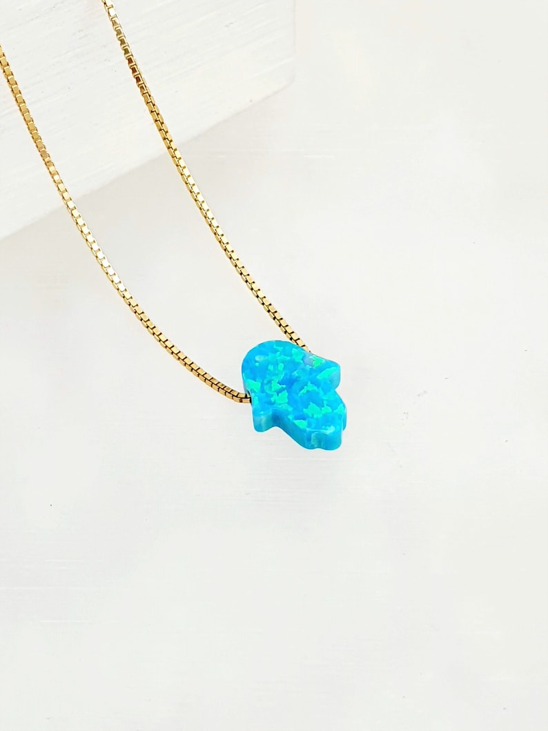 Hamsa Hand Pendant Necklace – Lab-Created Blue Opal, Gold Plated 925 Sterling Silver 12 thumbnail image