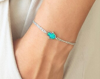 Blue Opal Hamsa Bracelet: 925 Sterling Silver Adjustable Jewelry