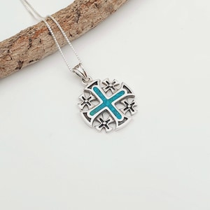 Green Eilat Stone Jerusalem Cross 925 Sterling Silver Pendant Necklace, Crusaders Cross, Christian Jewelry Gift