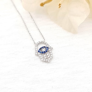 Hamsa Evil Eye Pendant Necklace, 925 Sterling Silver Hamsa Cubic Zirconia Crystals, Hand of God, Kabbalah Jewelry
