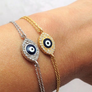 Evil Eye Bracelet, Evil Eye Jewelry, Gold Silver Evil Eye Adjustable Bracelet, Gift for Her Two sided Evil Eye Bracelet