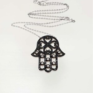 Hamsa Pendant Necklace 925 Sterling Silver Black Cz Crystals,  Fatima Hand Necklace