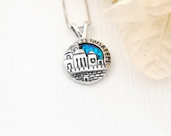 Blue Opal Jerusalem Pendant Necklace, 925 Sterling Silver Pendant Old City Jerusalem Engraved, Judaica Jewish Jewelry