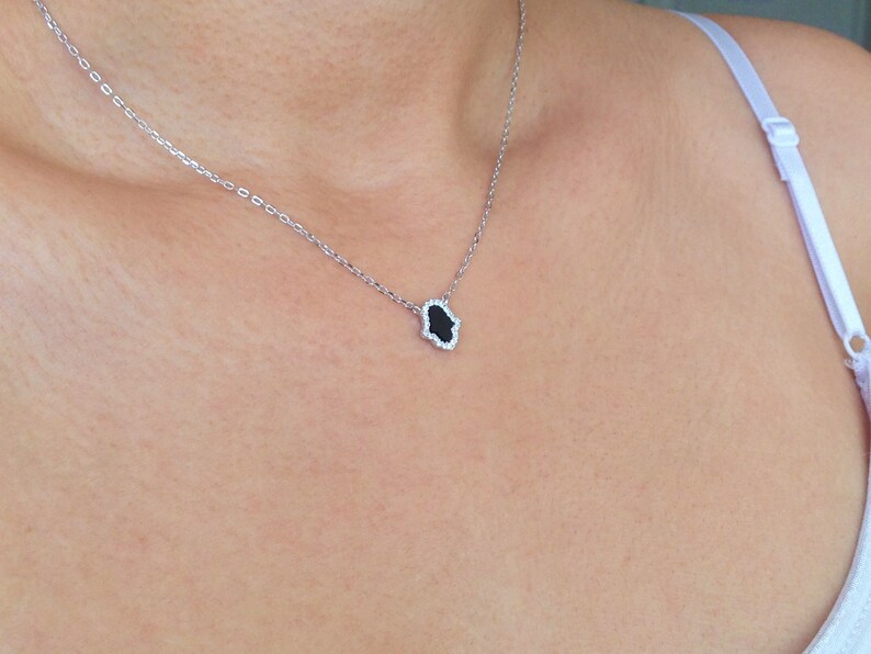 Hamsa Necklace, Black Onyx Hamsa Adjustable Necklace, 925 Sterling Silver Hamsa Necklace, Minimalist Jewelry, Charm necklace image 6