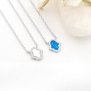 Hamsa Necklace, Blue Opal Mother of Pearl Hamsa Adjustable Necklace, 925 Sterling Silver Hamsa Necklace, Minimalist Jewelry, Charm necklace