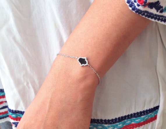 Black Onyx Hamsa Bracelet: 925 Sterling Silver Adjustable Dainty Jewelry