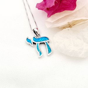 Chai Necklace, Blue Opal Chai Pendant Necklace, 925 Sterling Silver Chai, Hebrew Jewelry, Jewish Judaica Jewelry