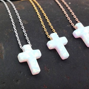 Opal Cross Necklace, White Opal Cross Pendant Necklace, Cross Sterling Silver Necklace Yellow Gold Plated Rose Gold Plated , Opal Jewelry image 1