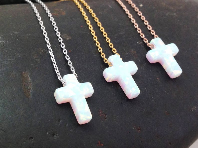Opal Cross Necklace, White Opal Cross Pendant Necklace, Cross Sterling Silver Necklace Yellow Gold Plated Rose Gold Plated , Opal Jewelry image 1