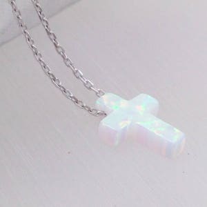 Opal Cross Necklace, White Opal Cross Pendant Necklace, Cross Sterling Silver Necklace Yellow Gold Plated Rose Gold Plated , Opal Jewelry image 3