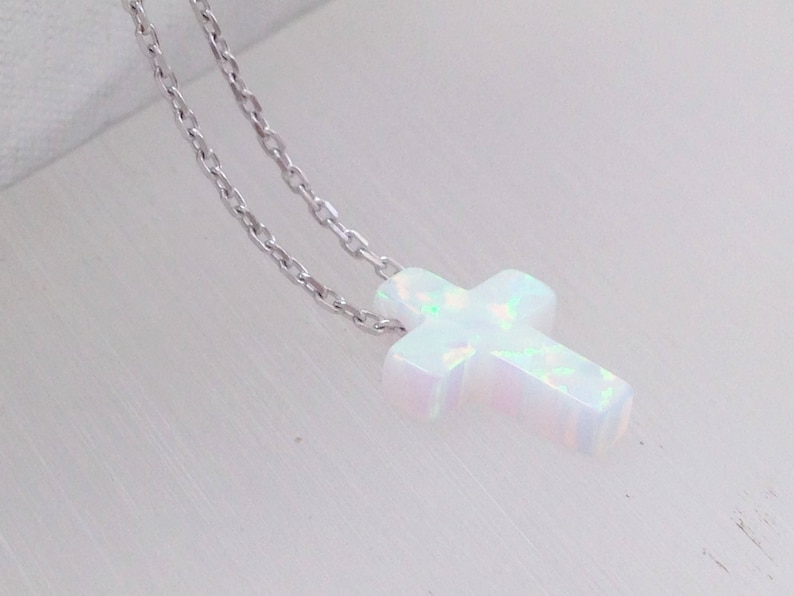 Opal Cross Necklace, White Opal Cross Pendant Necklace, Cross Sterling Silver Necklace Yellow Gold Plated Rose Gold Plated , Opal Jewelry image 3