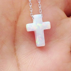 Opal Cross Necklace, White Opal Cross Pendant Necklace, Cross Sterling Silver Necklace Yellow Gold Plated Rose Gold Plated , Opal Jewelry image 2