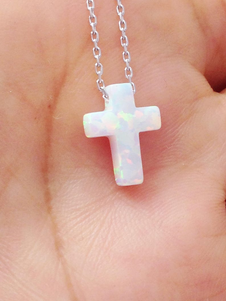 Opal Cross Necklace, White Opal Cross Pendant Necklace, Cross Sterling Silver Necklace Yellow Gold Plated Rose Gold Plated , Opal Jewelry image 2